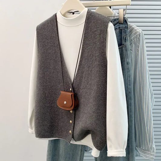 Women's Soft Knitted Vest Button deep V-Neck Sleeveless Fall Cardigan