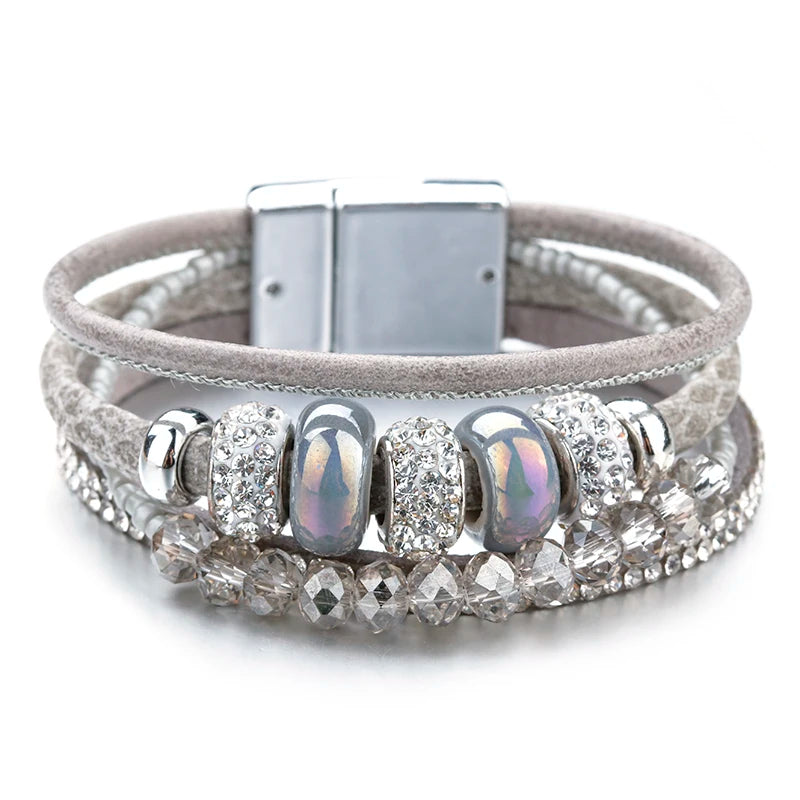 Greatera Sparkling Leather Vintage Pearl Multi-layered Magnetic Buckle Bracelet