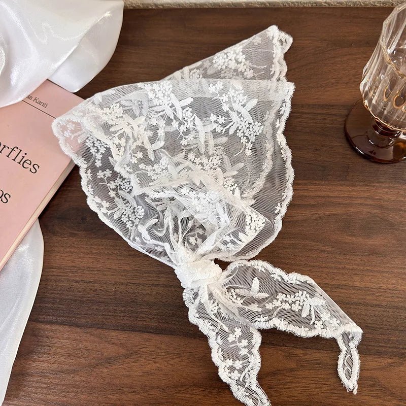 White Woven Floral Lace Hair Scarf Wraps