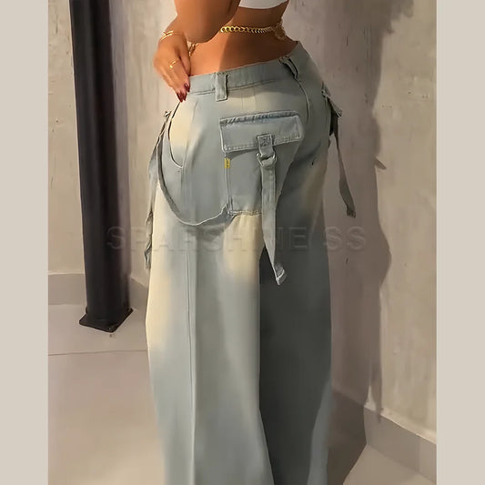 Jeans for Women Straight Pants Vintage Denims Washed Mid Waist Loose Fit Wide Leg Denim