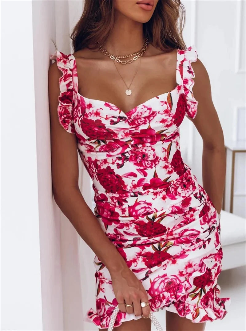 V-Neck Sleeveless Ruffle Floral Printed Sundress Casual Bodycon Dress