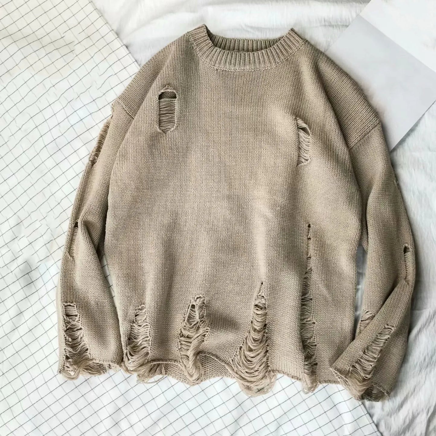 Men Wash Hole Ripped Knit Sweaters k Oversized  Sweater