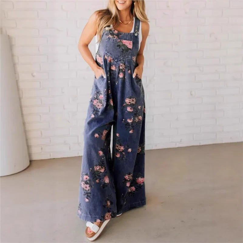 Women Jumpsuits Floral Printed Overalls Square Neck Sleeveless Rompers