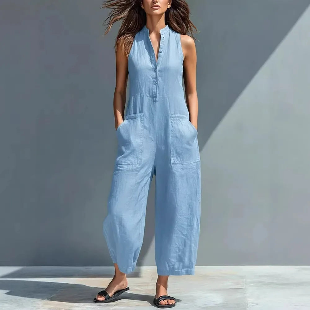 Cotton And Linen Jumpsuit Women Stand Collar Sleeveless Pocket