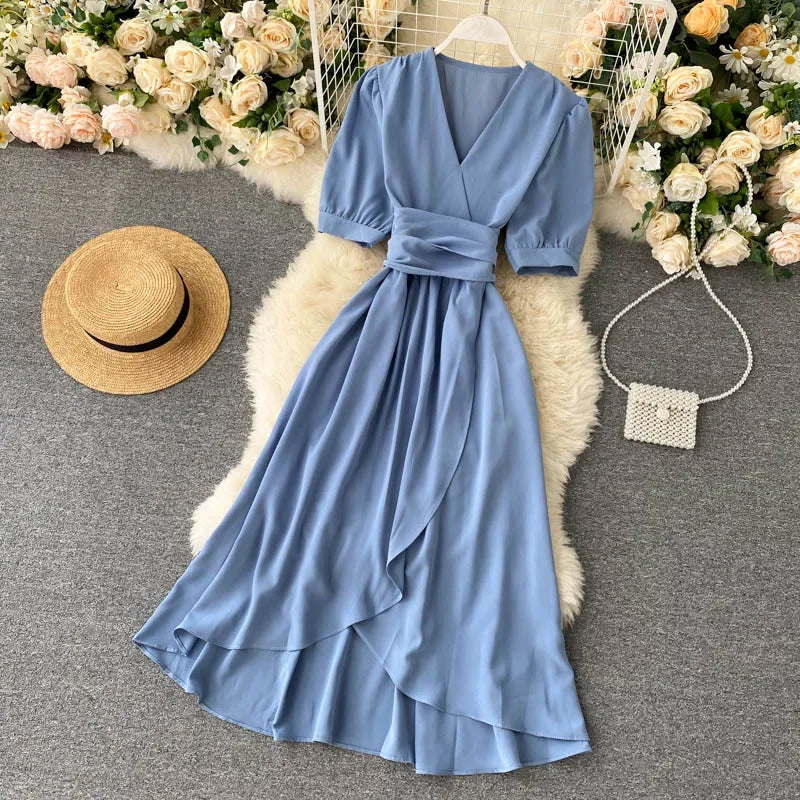 New Temperament V-neck Solid Color Bubble Short-sleeved Dress