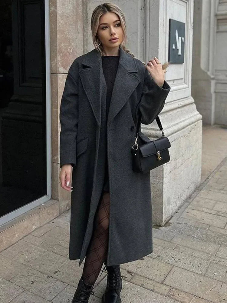 Fashion Women Winter Coats Casual Loose Lapel Double Breasted Long Jacket
