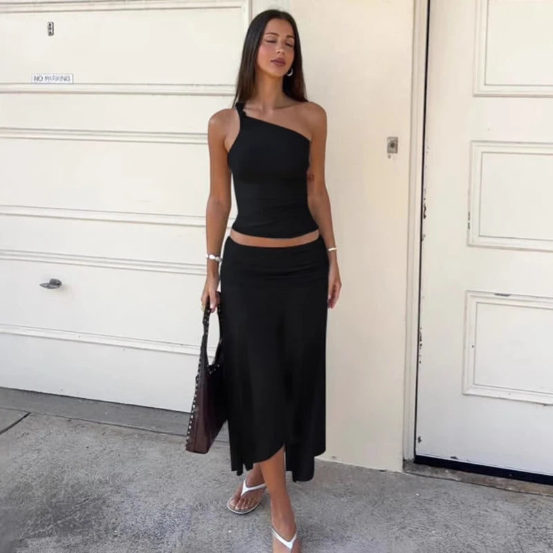Tornova Pleated High Waist Long Skirt Suit Female One-shoulder Sleeveless Tanks Top Fashion Irregular Skirt Casual Women's Sets