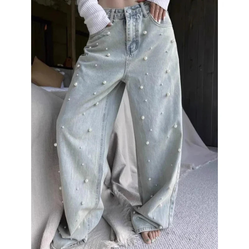 Jeans for Women  Heavy Industry Beads Retro Washed High Waisted Jeans
