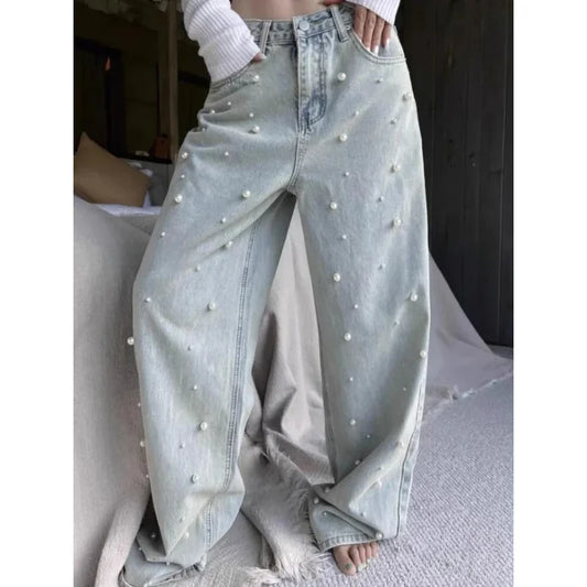Jeans for Women  Heavy Industry Beads Retro Washed High Waisted Jeans