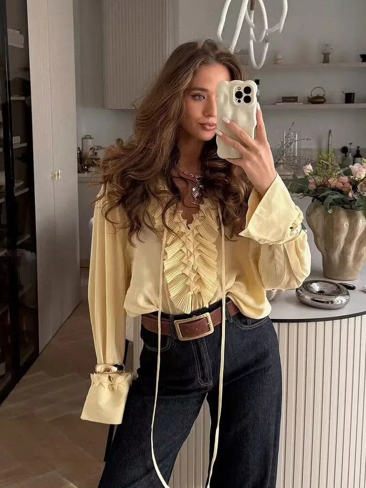 HH Women's Fashion Blouses Light Yellow V-Neck Long Sleeves Tierred Decoration