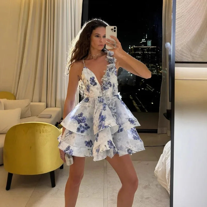Elegant Printed Backless Strappy Short Skirt Women's Dress