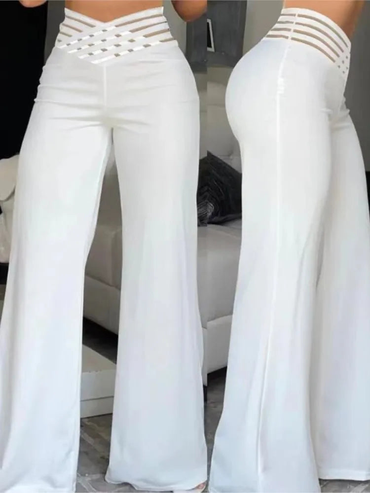 Wide Leg Flared Pants Crisscross Sheer Mesh Pants