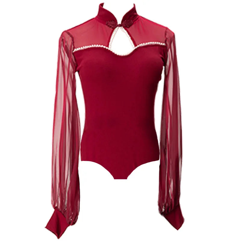 Women Latin Jumpsuit Sexy Mesh Long Sleeve Top
