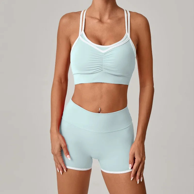 Women's Yoga  Fitness Color-Block Cross Beauty  Hip-Lifting Shorts Suits