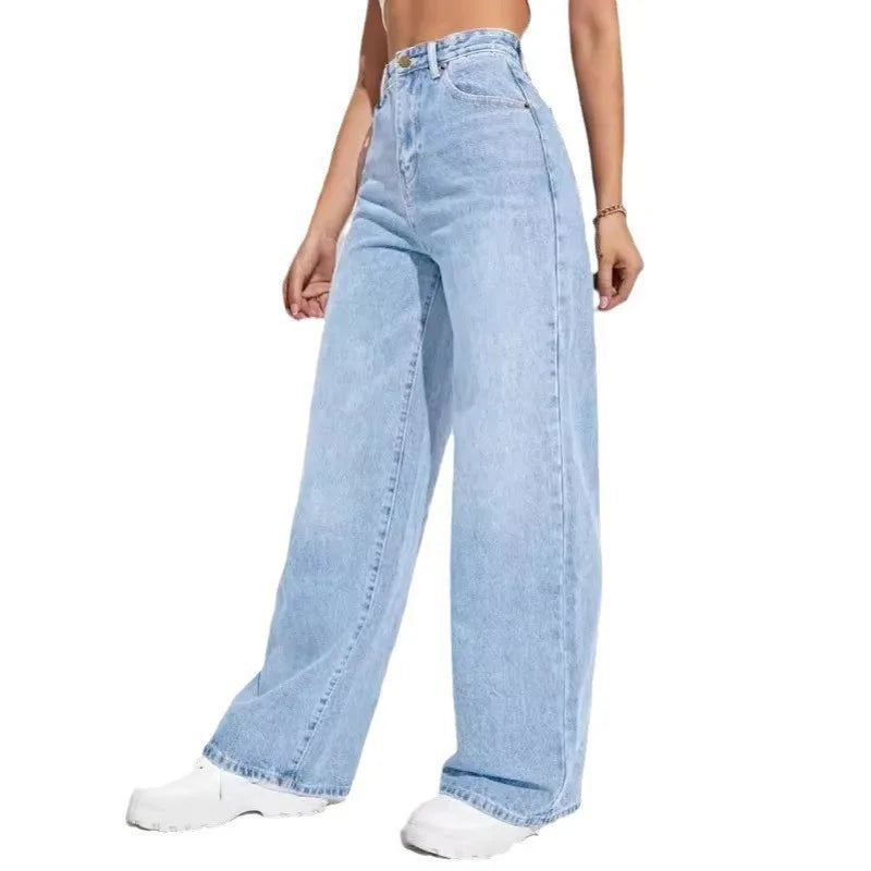 Women Ripped Boyfriends Jeans Distressed High Waist Baggy Denim Pants Wide Leg Straight Trousers