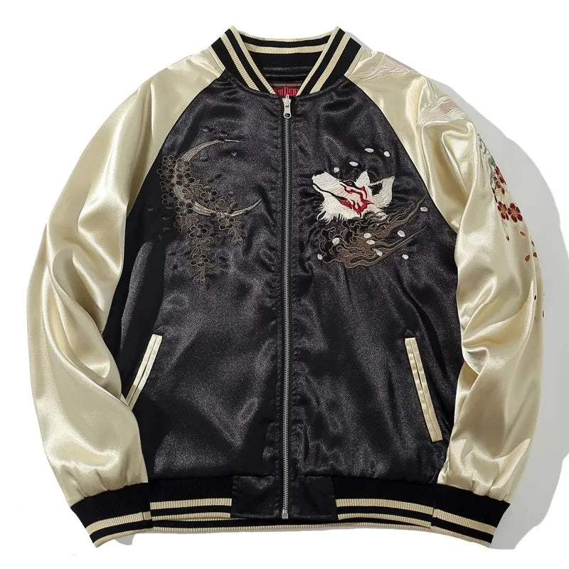 High Street Sukajan Souvenir Jacket Nine Tailed Fox Peony Embroidered Pilot Bomber
