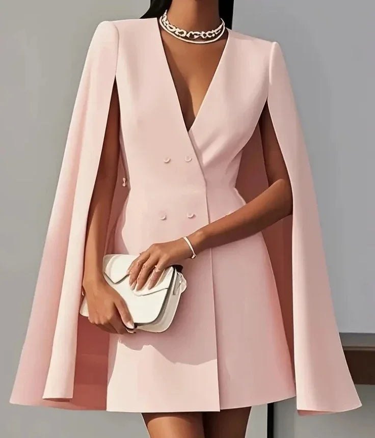 Double Breasted Shawl Cape Solid Color V-Neck Mini Dress