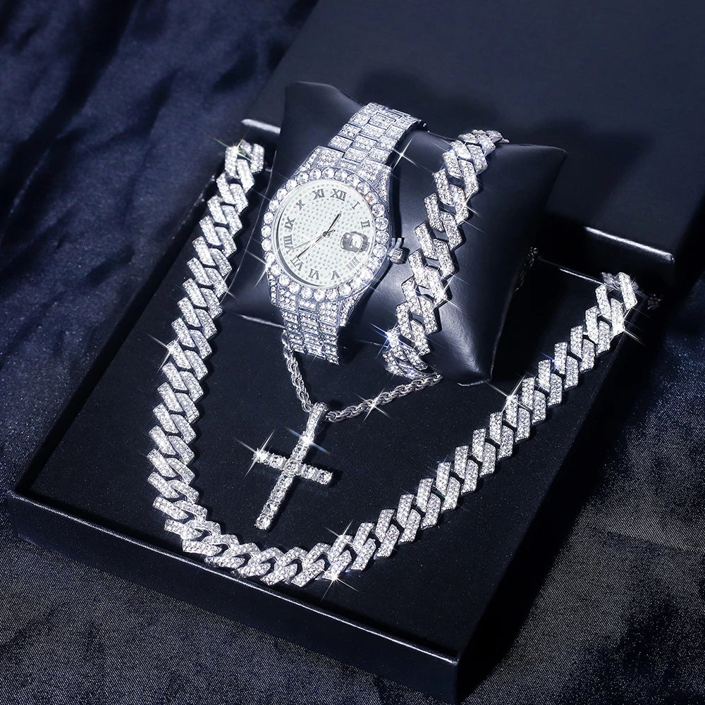 5Pcs Silver HipHop Watch Set Ice Flash Men Women