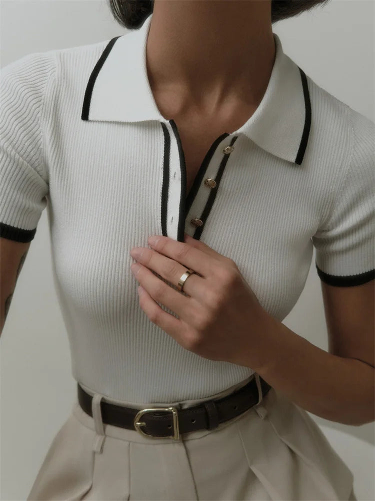Knit Sweater Pullover Women Short Sleeve Patchwork