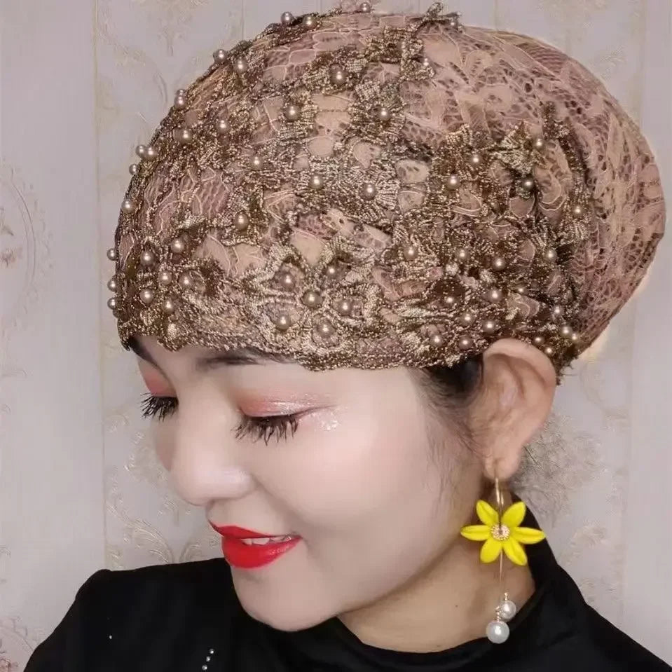 Ladies Personality Ethnic Beaded Hat Gauze Headscarf