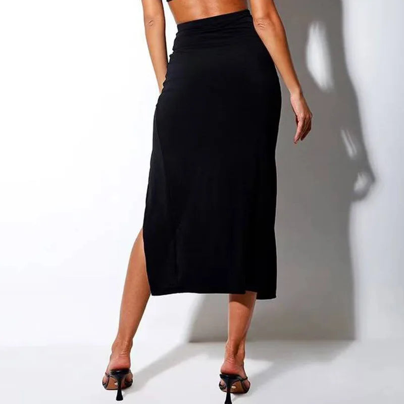 Women Sexy Slim Slit  Elastic High Waist Pleated Skirt