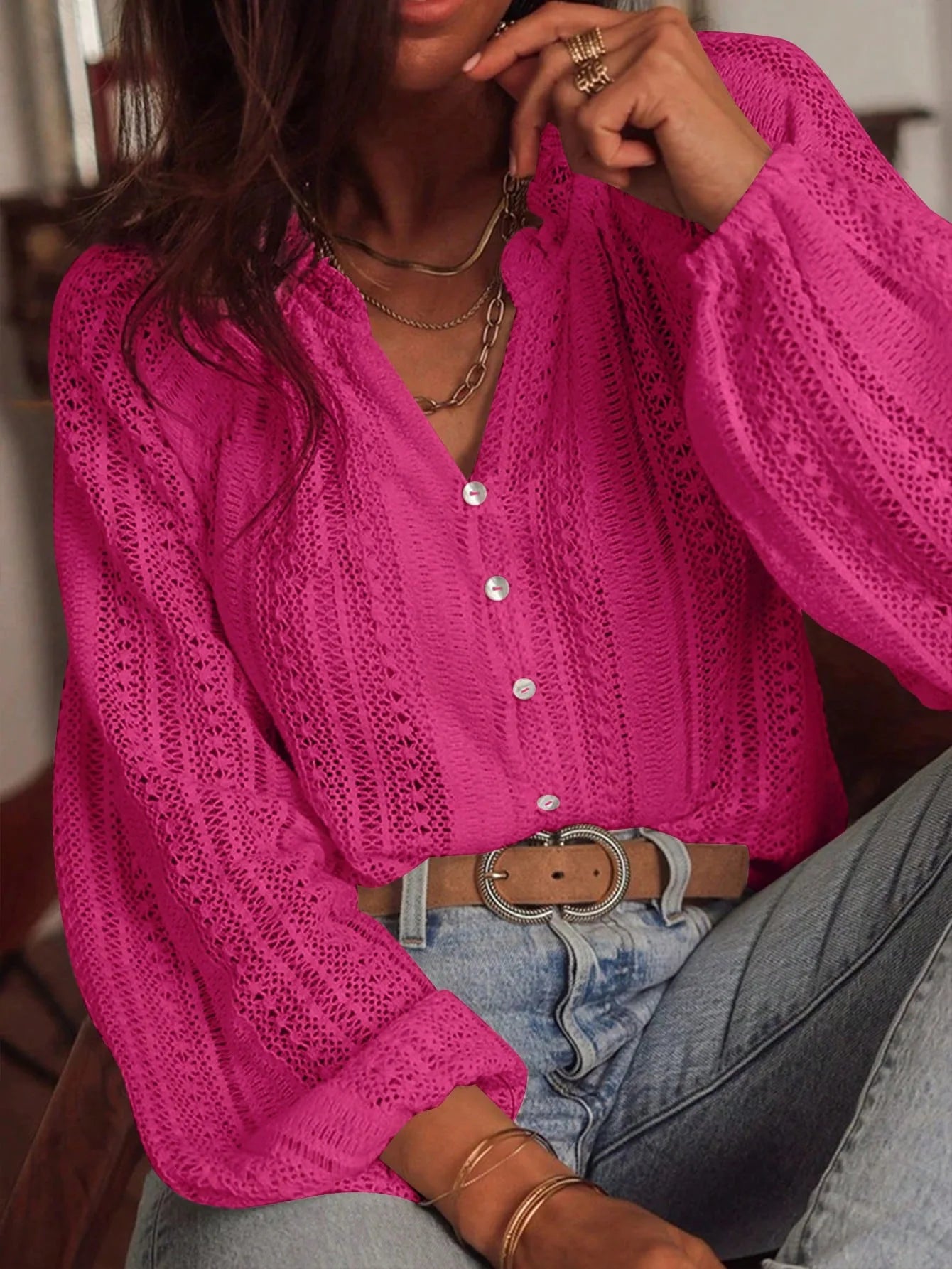 Women's Blouses  Loose Fashion Simple All-Match Hollow Lace V-neck Single Breaked