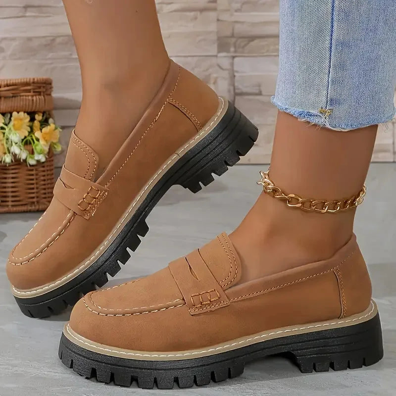 Woman Loafers Ladies Large Size Frosted British Thick Heel Round Toe Rubber Outsole Korean Style Casual Shoes