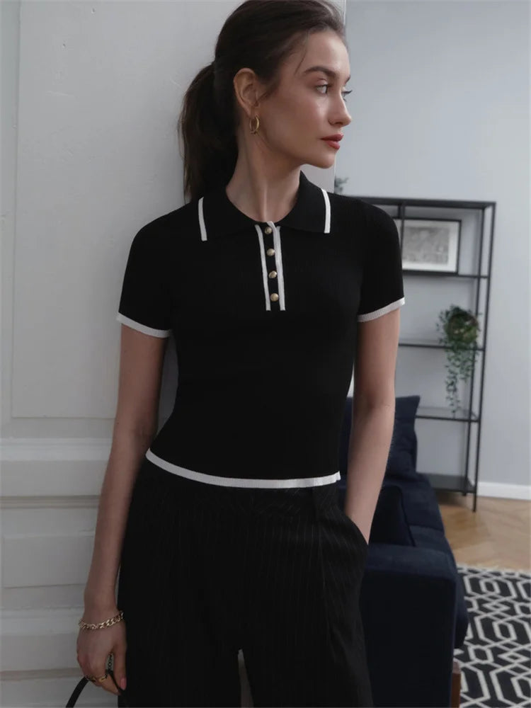 Knit Sweater Pullover Women Short Sleeve Patchwork
