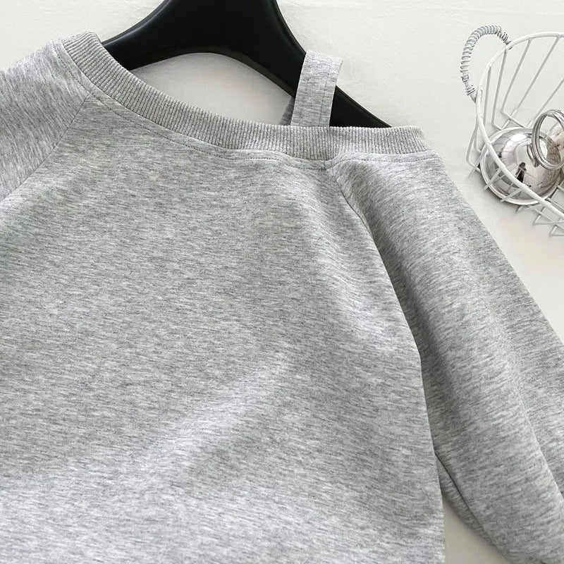 Girls Sweatshirt   Casual Off Shoulder Gray Solid Color Long Sleeve Top