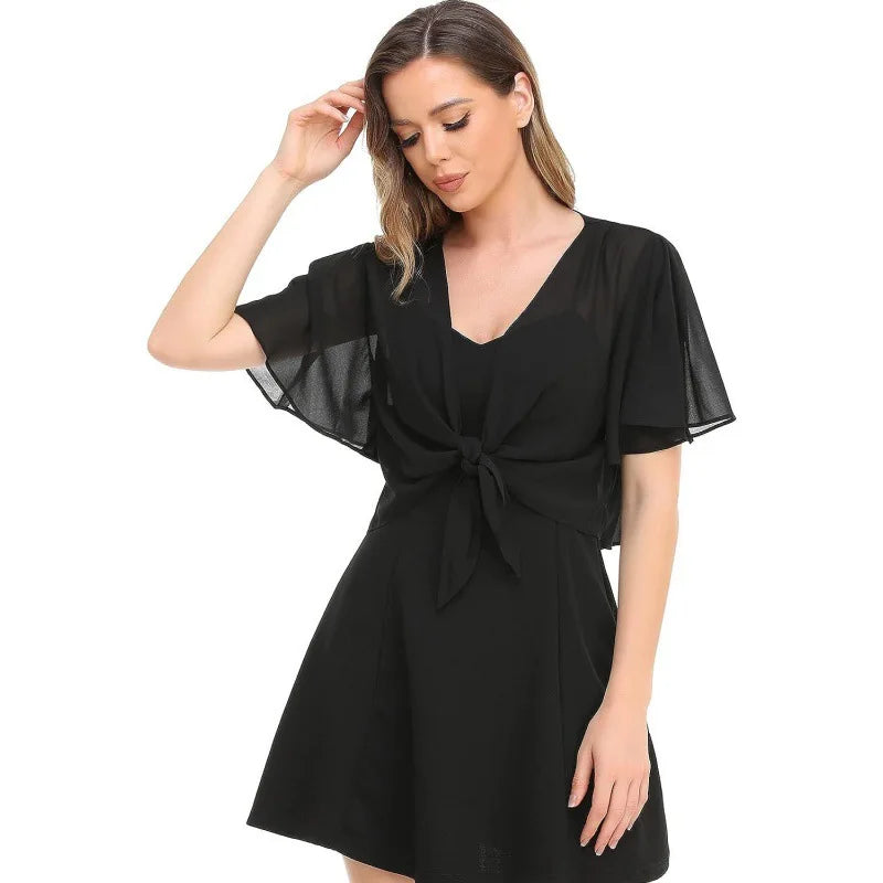 women's blouse solid color short-sleeved cardigan thin chiffon cape tied