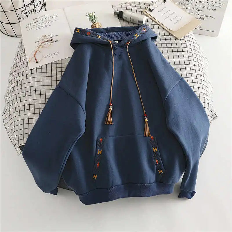 Women's Hoodie Drawstring Tassel Exquisite Embroidery Large Pocket Thick Pullover