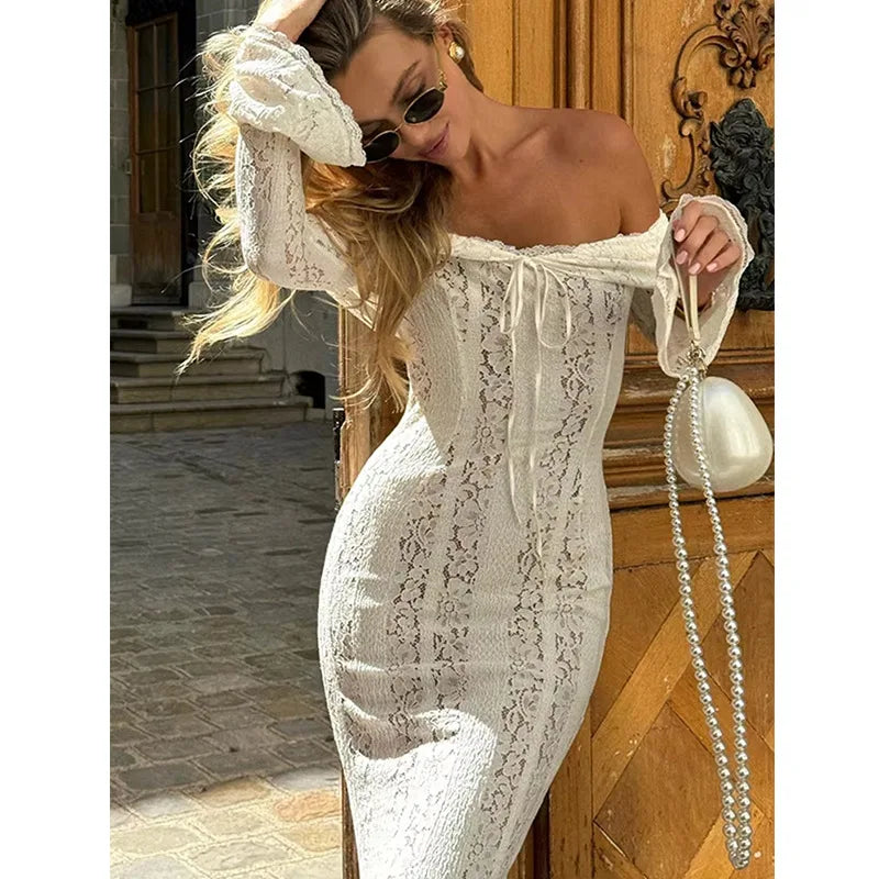 Sexy One-word Shoulder Lace Temperament Tube Top Long Dress