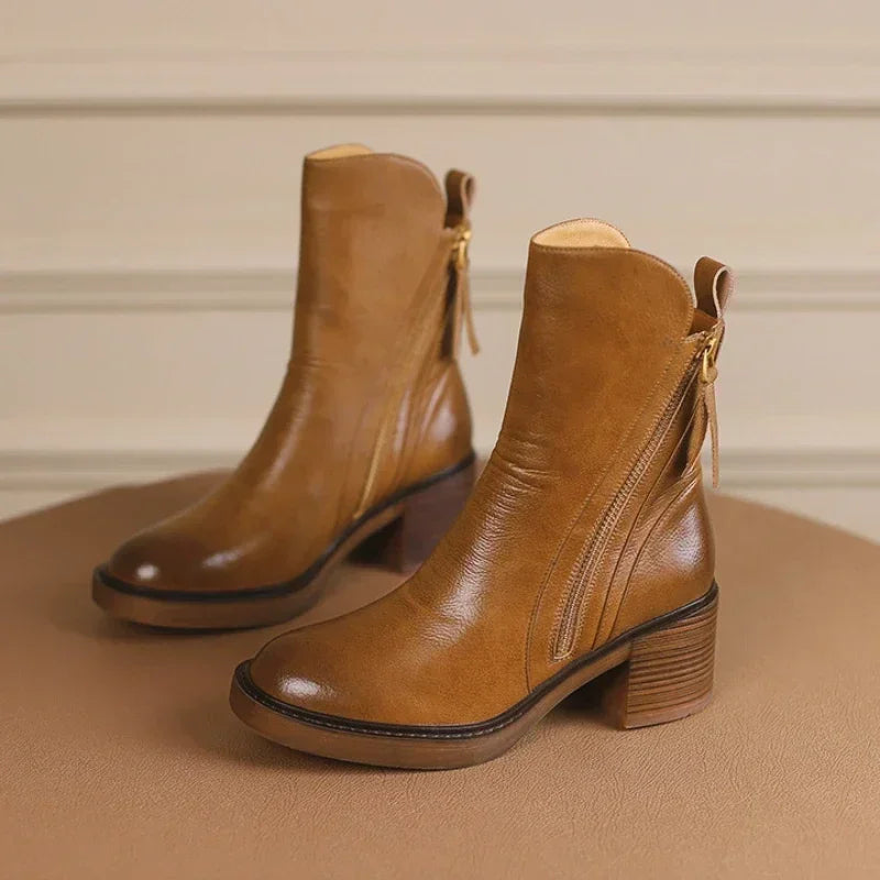 Women's Platform Chelsea Boots  Round Toe Chunky Heel Women Brown Ankle Boots
