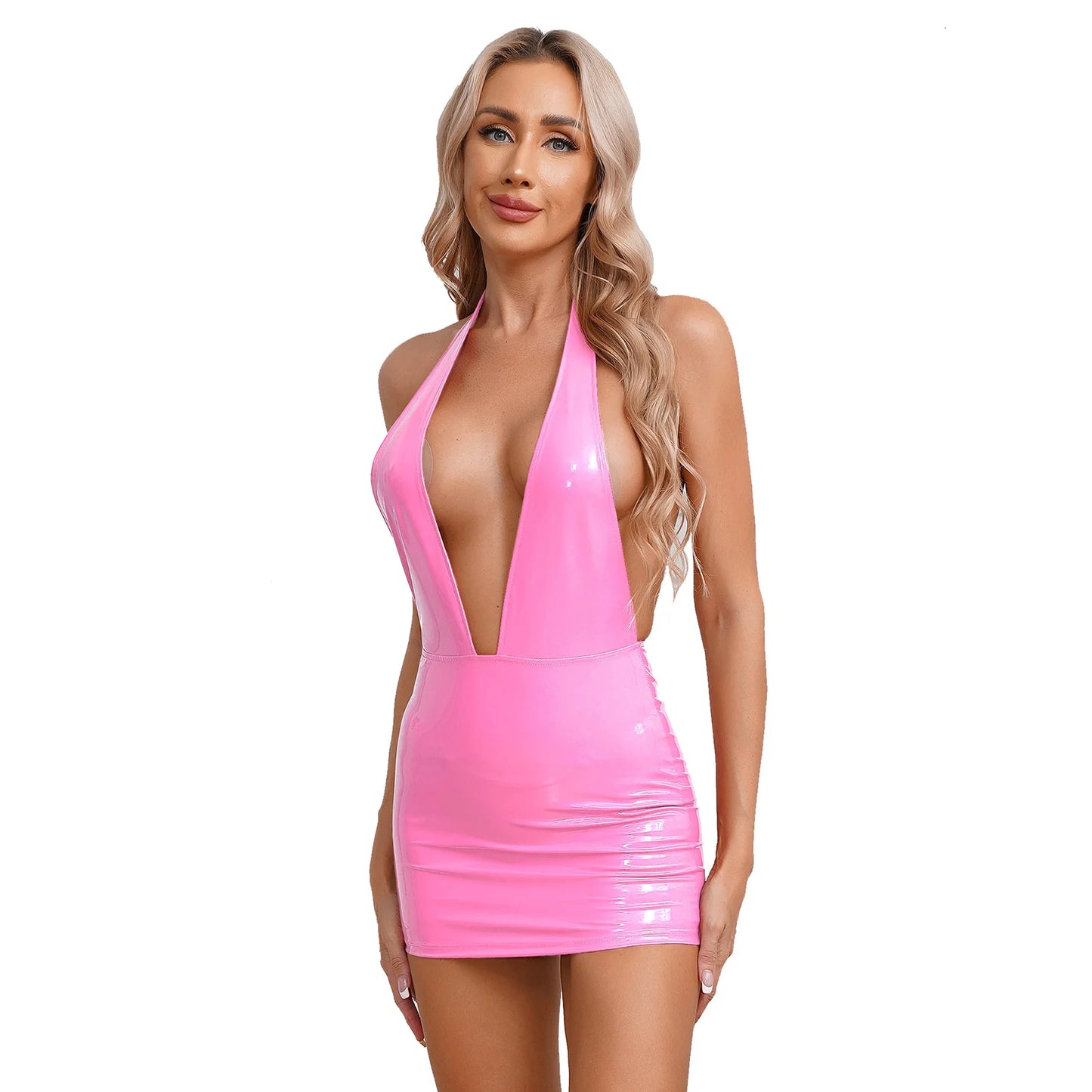 V Backless Dress Wet Look Patent Leather Bodycon Minidress