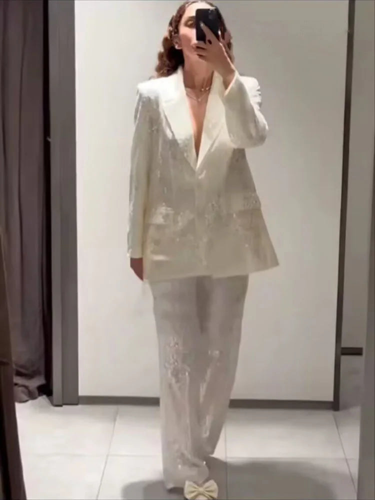 Turn-Down Collar Pockets Single-Breasted Blazers+High Waist Zipper Trousers