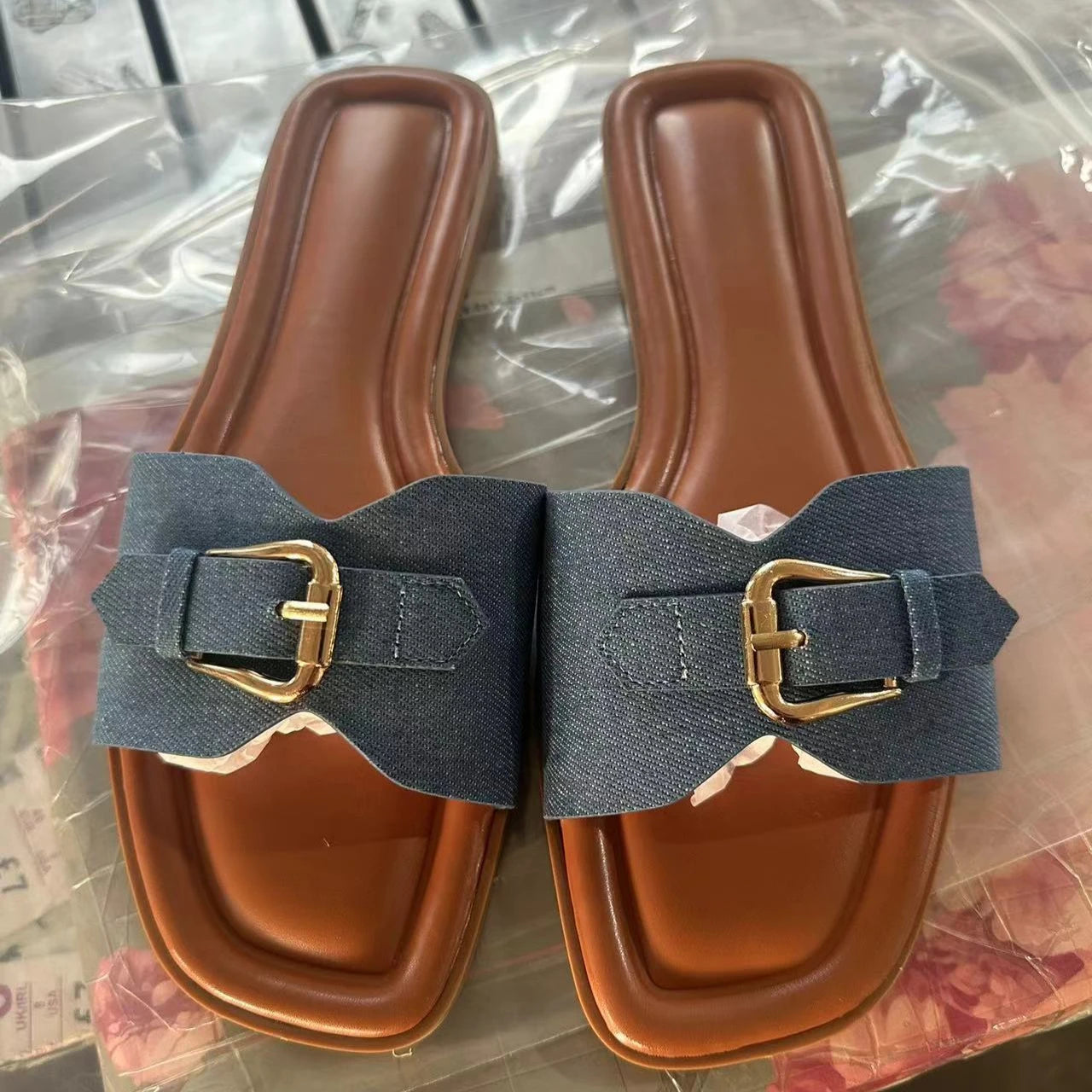 Flat Slides for Women Metal Buckle Strap Slippers