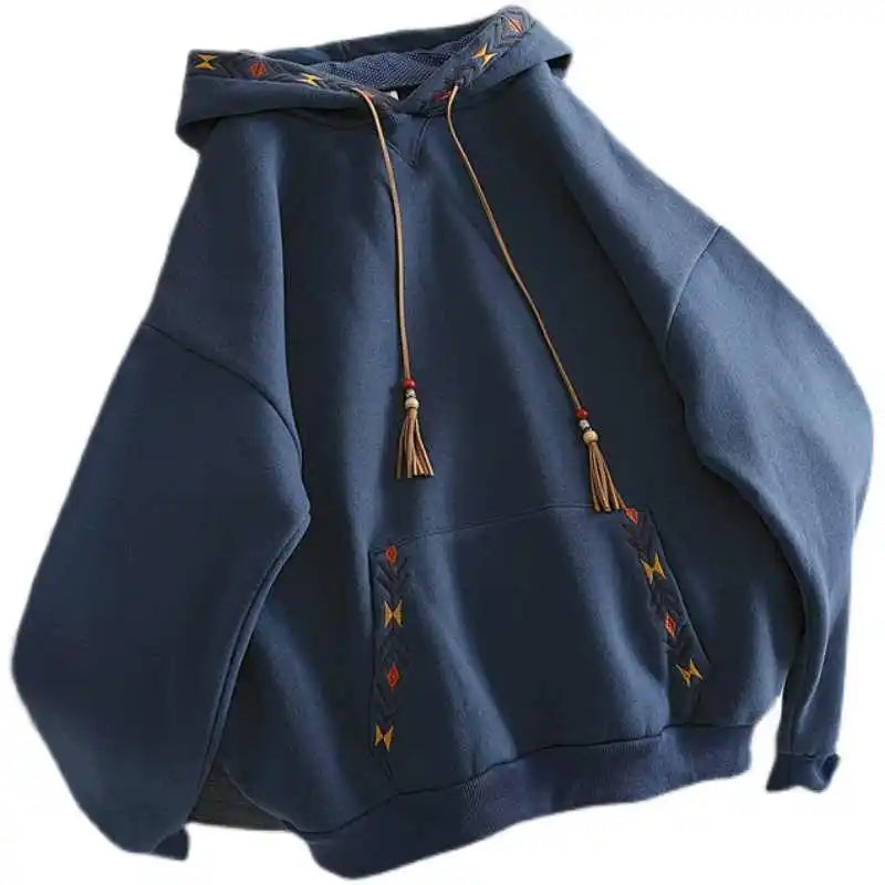 Women's Hoodie Drawstring Tassel Exquisite Embroidery Large Pocket Thick Pullover