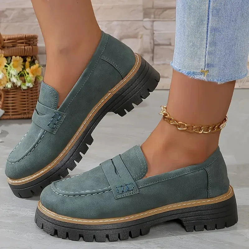 Woman Loafers Ladies Large Size Frosted British Thick Heel Round Toe Rubber Outsole Korean Style Casual Shoes