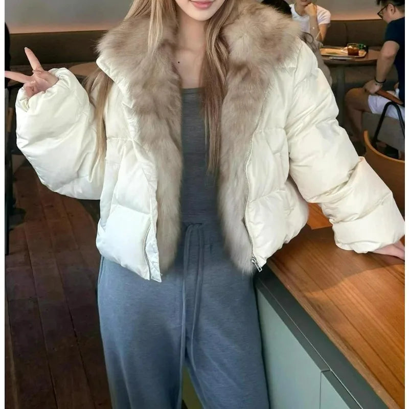 Short Puffer Jacket with Large Fur Collar for Women