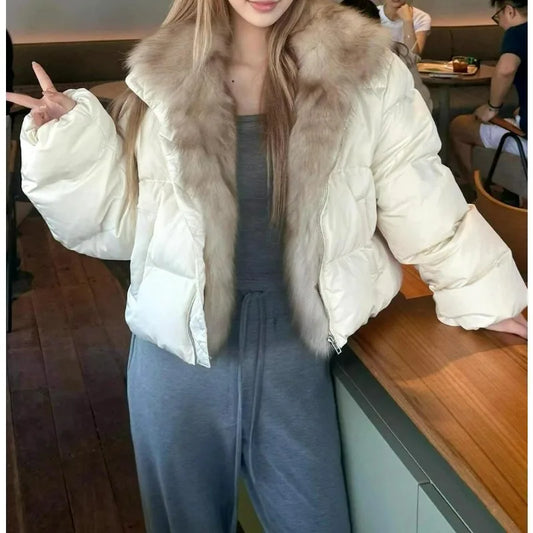 Short Puffer Jacket with Large Fur Collar for Women