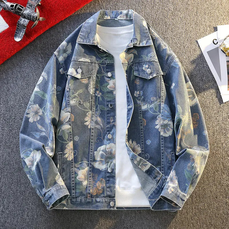 Mens Causal Oversized Cotton Casual Blue Denim print Jacket