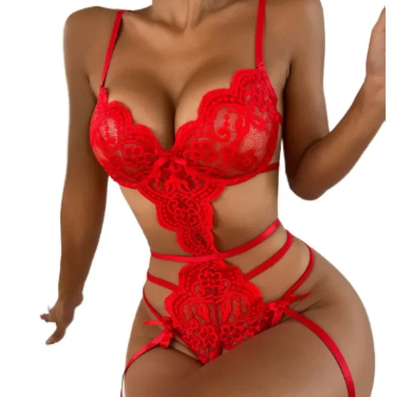 Women's Sexy Lace Lingerie Set Teddy Lace Erotic Bikini 3pcs Bra and Panty