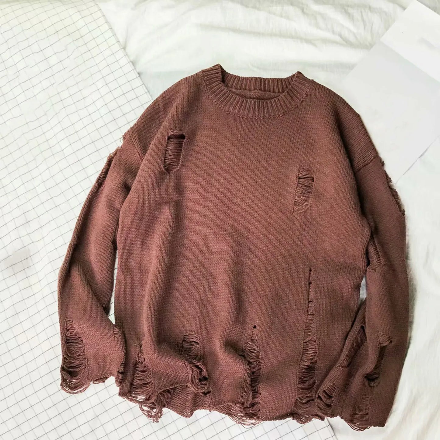 Men Wash Hole Ripped Knit Sweaters k Oversized  Sweater