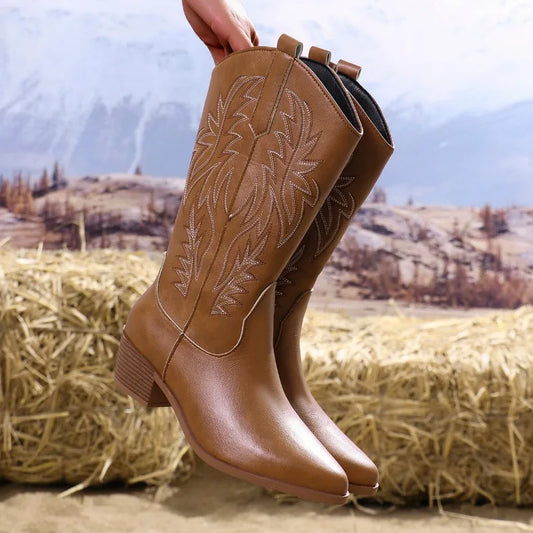 Women Boots Chunky Heeled Cowboy Boots