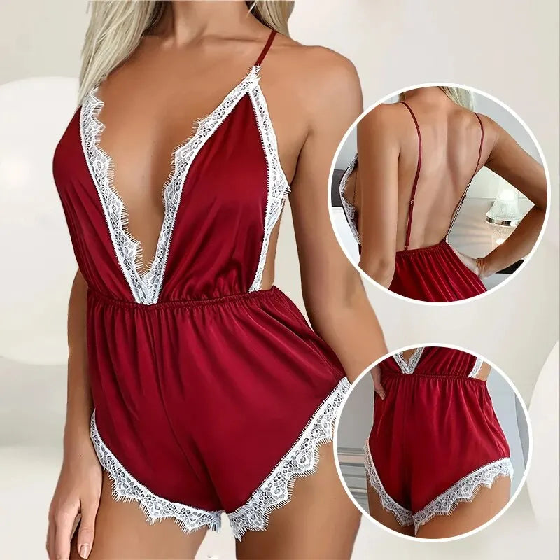 Women's Fashionable New Red Suspender Sleeveless Satin Jumpsuit