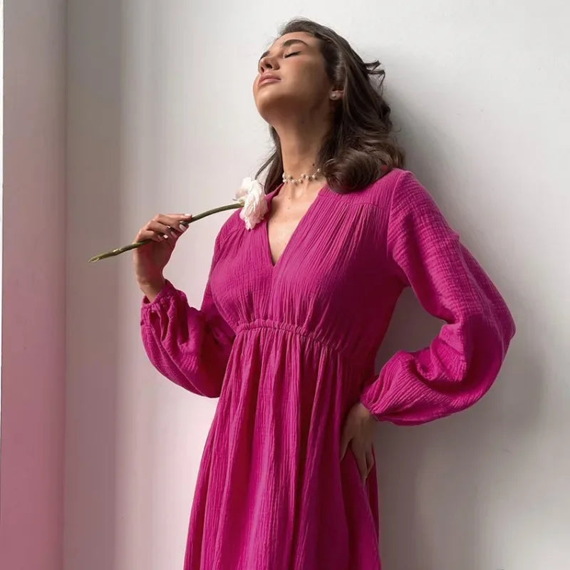 Muslin Long Sleeve V-neck Casual  Robes