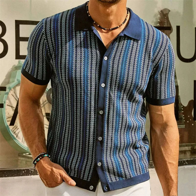 Jacquard Polo Shirts Man Knitwear Business Casual Summer  Viscose Elastic Silky Camisas