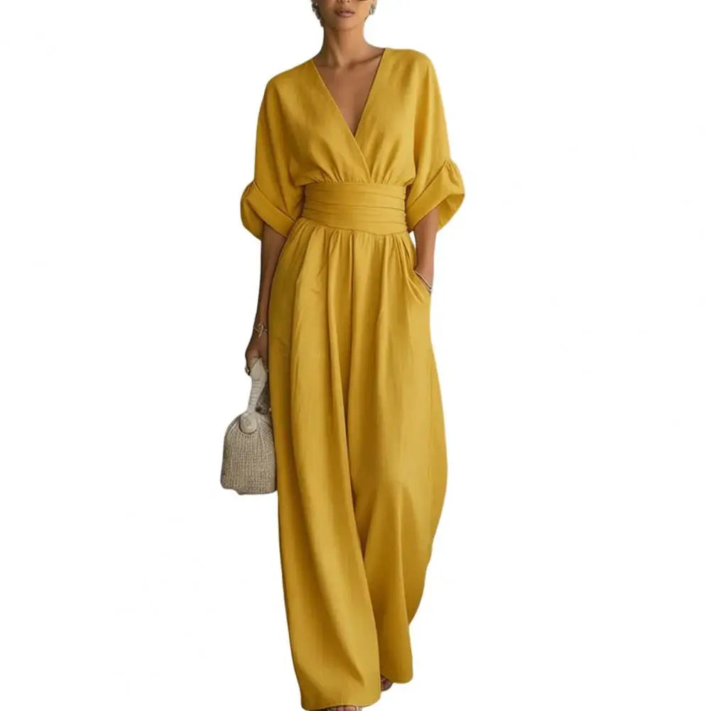 Women's Jumpsuit Fashion High Waist V-neck Casual  Wide Leg Trousers