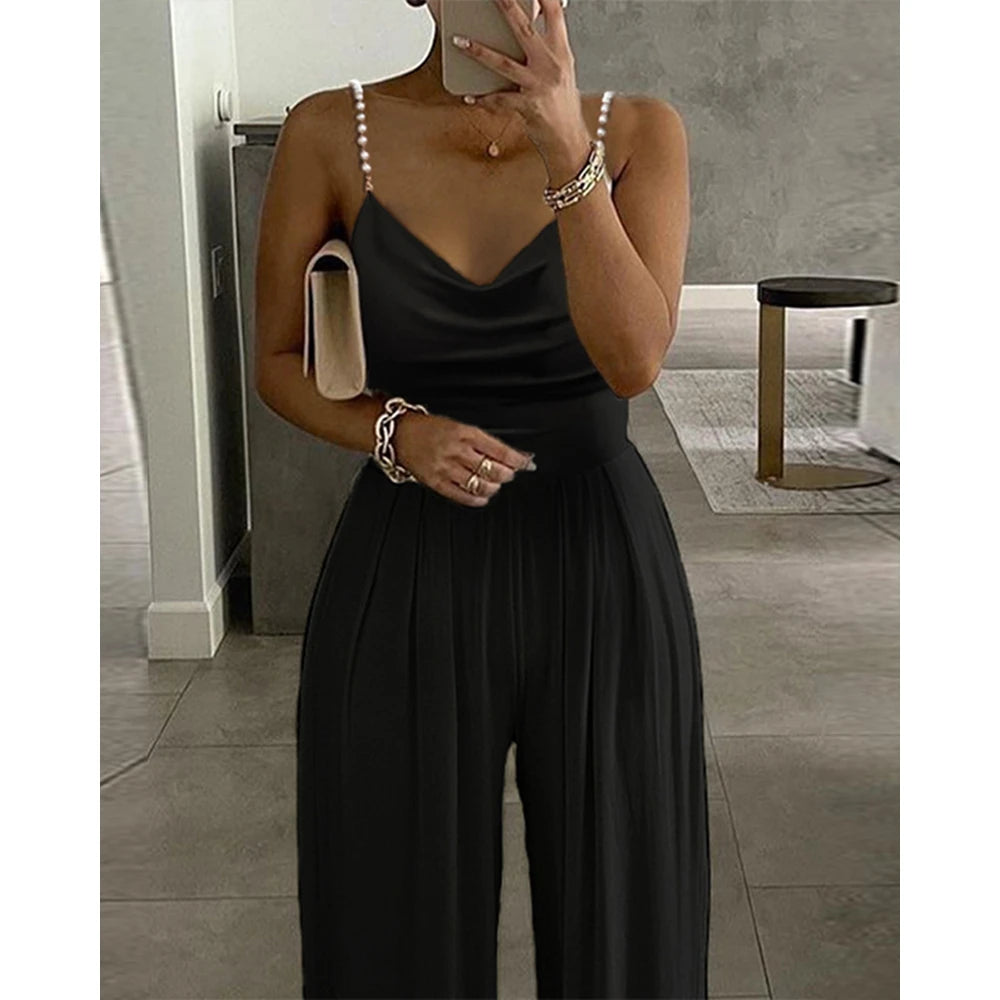 Women One Shoulder Ruched Buckle Wide Leg Black Jumpsuits