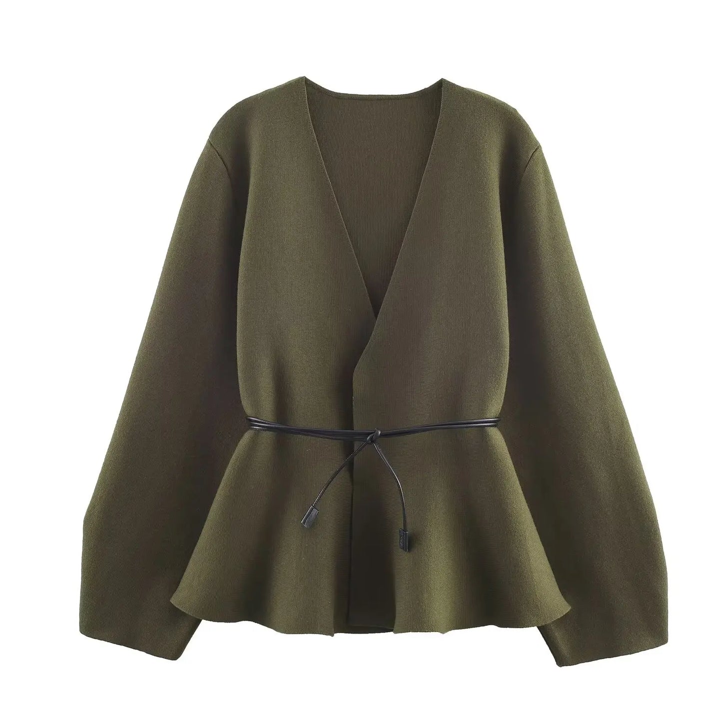 V Neck Tie Waist And Flared Hem Knitwear Top